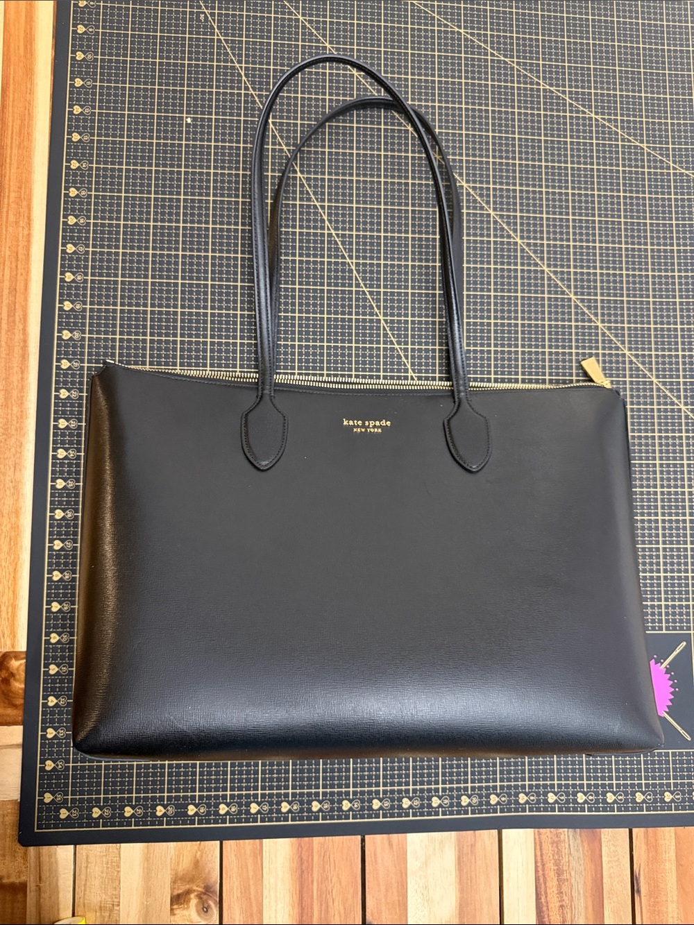 kate spade Black Leather Double-Handle Tote with Gold Hardware